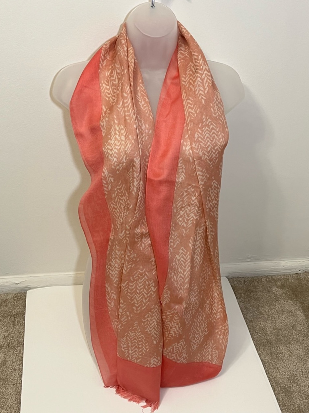 Banana Republic Silk Blend Coral and Cream Patterned Lightweight Scarf